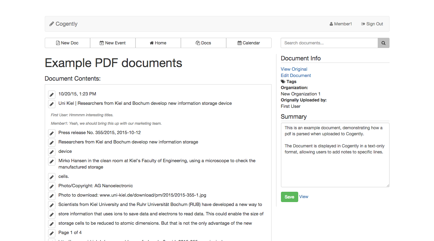 Screenshot of example document uploaded to Cogently.